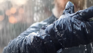 Water beading on jacket; soaking gloves